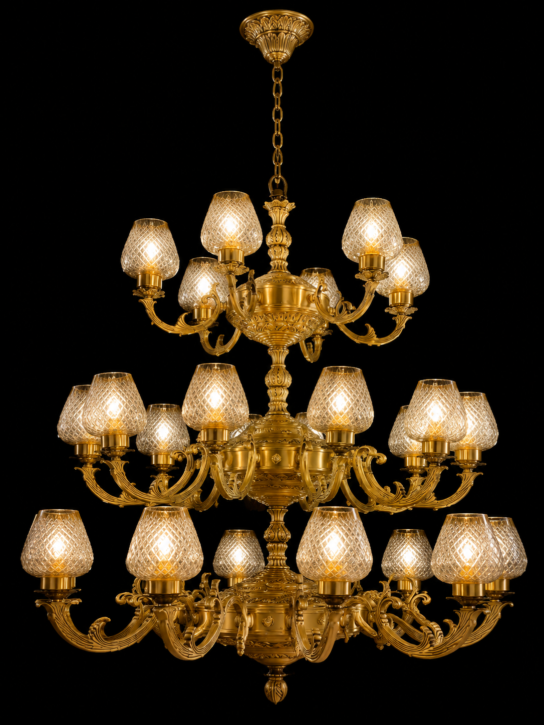 Deepstambh Diamond-Cut Glass Grand Three-Tier Kalash Chandelier