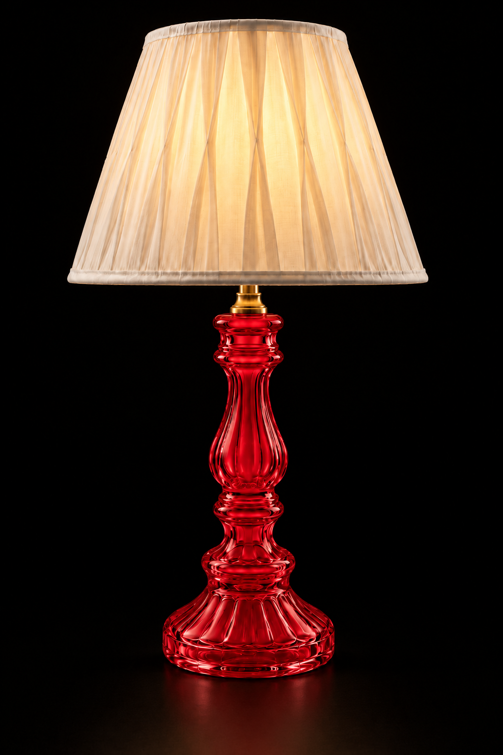 Rangstambh Ruby-Red Fluted-Glass Baluster Table Lamp — Pleated Ivory Shade