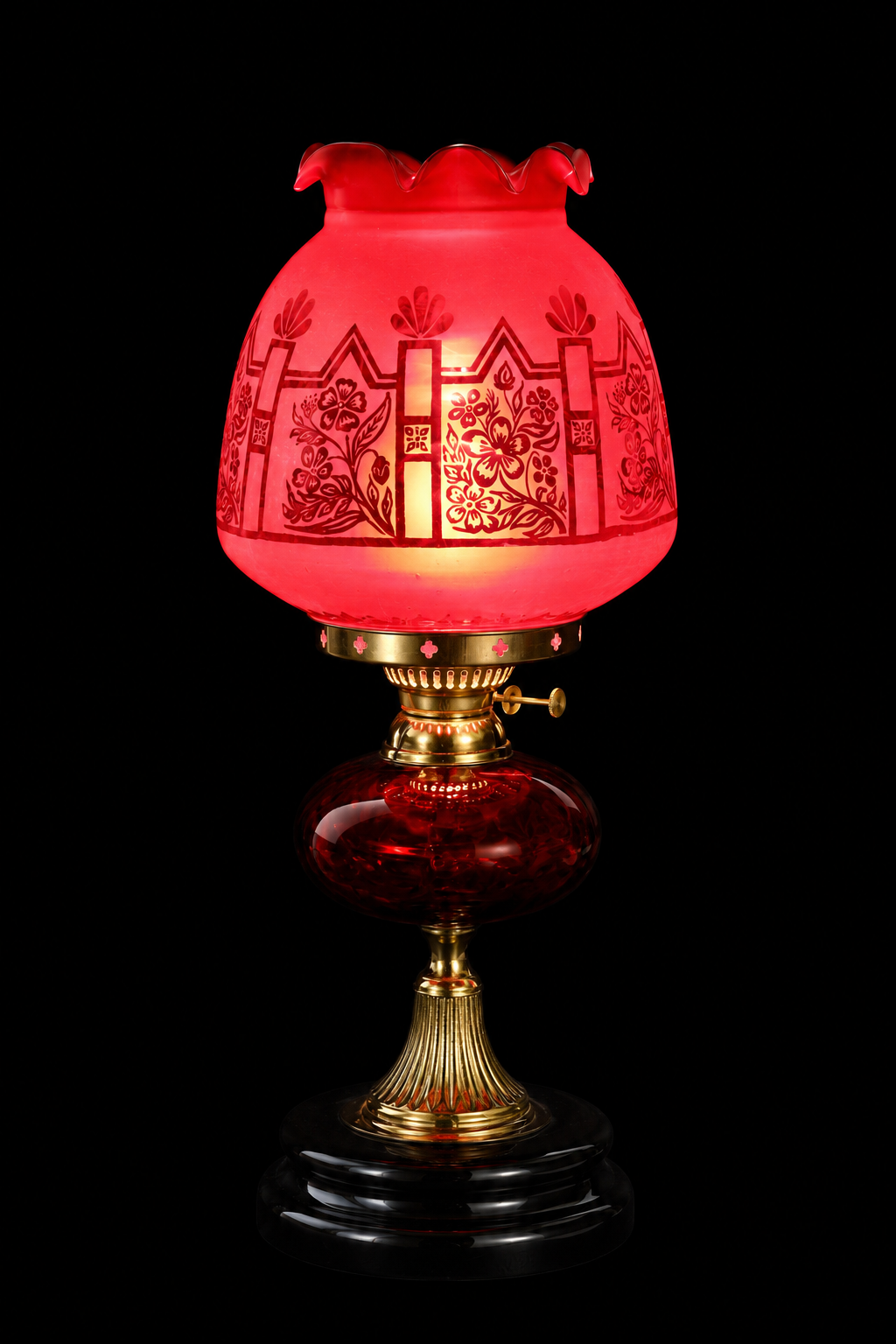 Rangbagh Ruby-Red Scalloped Floral Hurricane Table Lamp · SGE-TL-031 · Samrat Glass Emporium
