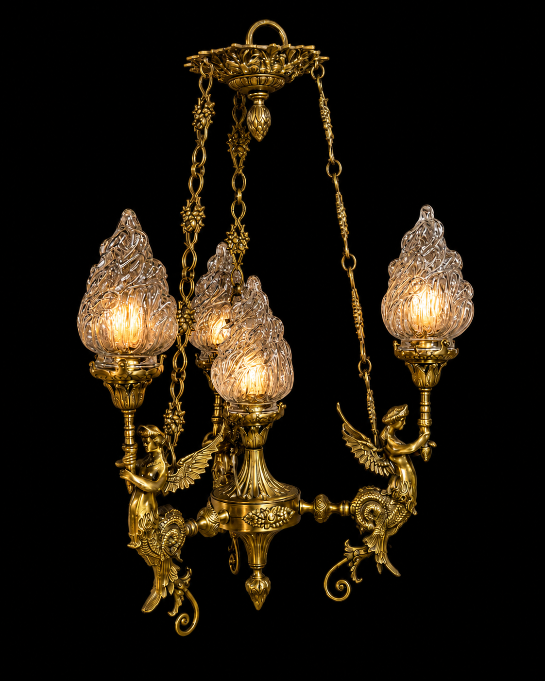 Apsarajyoti Sculpted Winged-Maiden Flame-Glass Four-Light Three-Arm Chandelier · SGE-CH-097 · Samrat Glass Emporium
