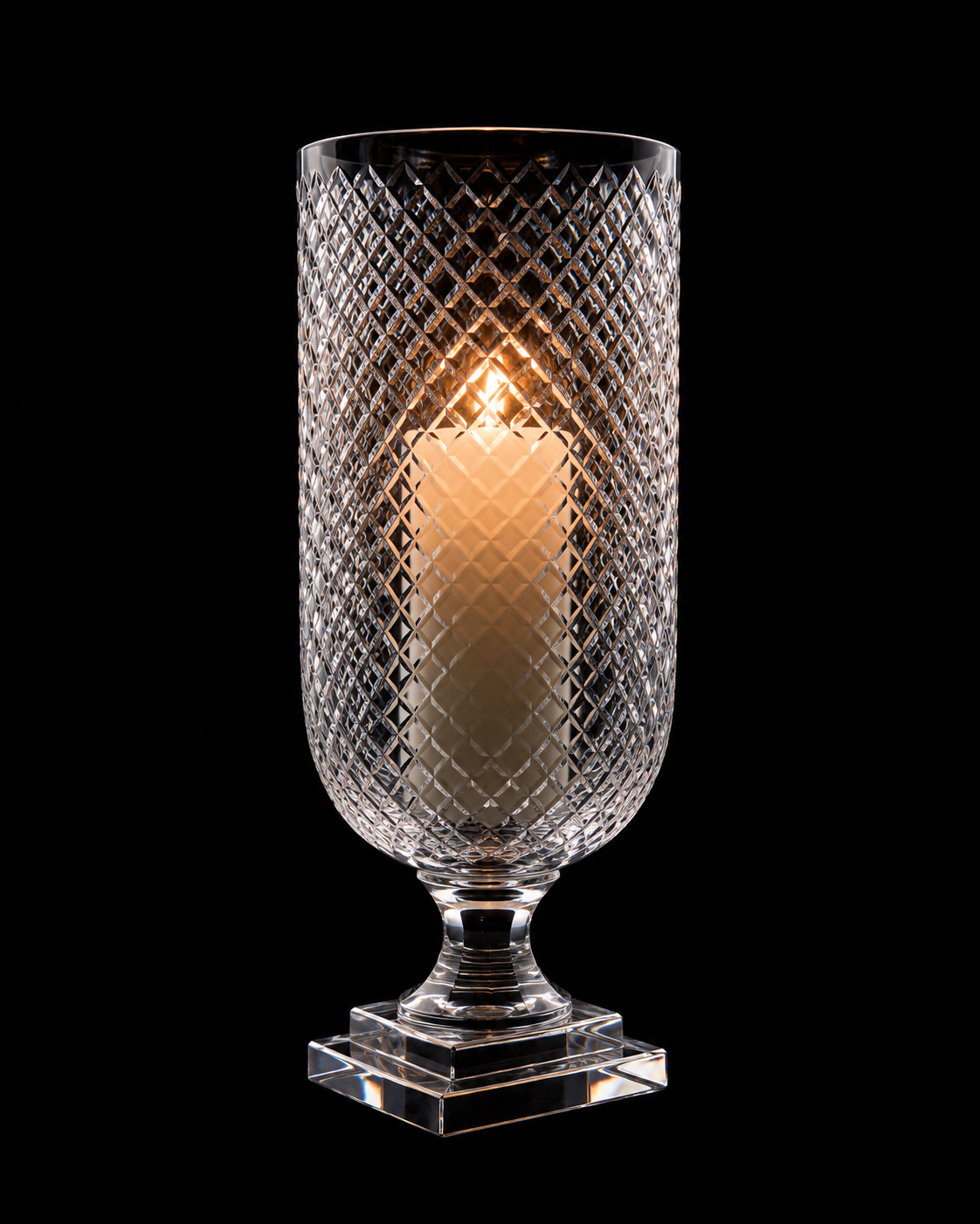 Prismastambh Diamond-Lattice Clear Glass Hurricane Candle Stand
