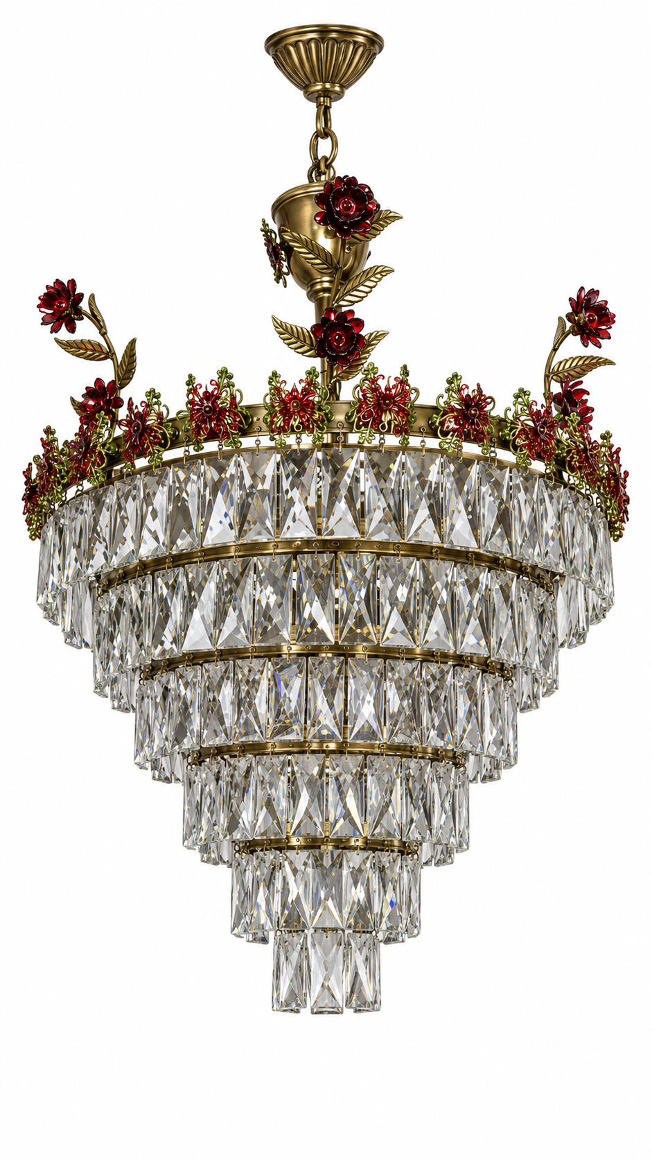 Gulabshikhar Red-Rose Crystal-Prism Six-Tier Cascade Chandelier · SGE-CH-148 · Samrat Glass Emporium — view 2