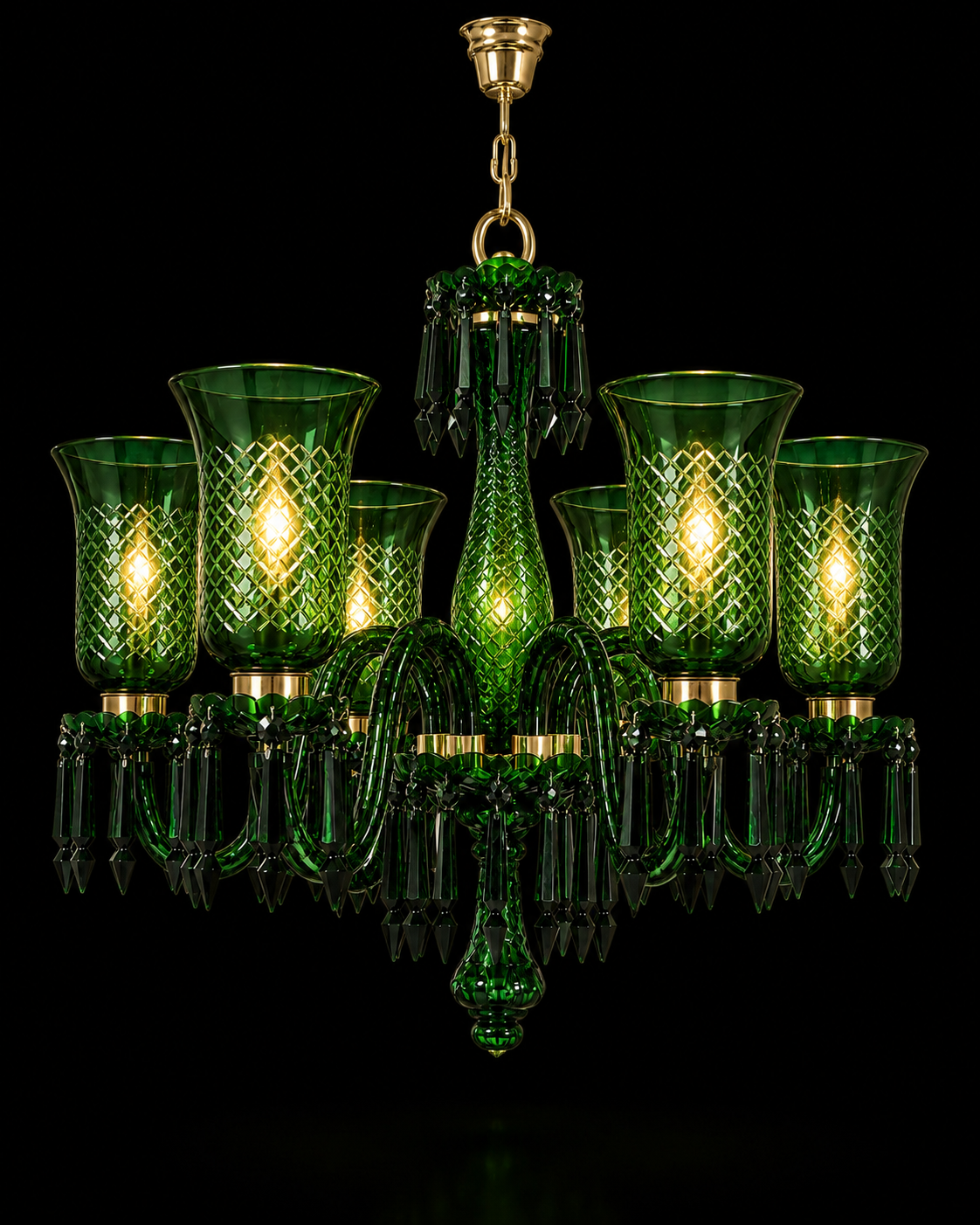 Gulnaar Diamond-Hurricane Six-Light Glass Chandelier — Emerald Green Chain-Suspended