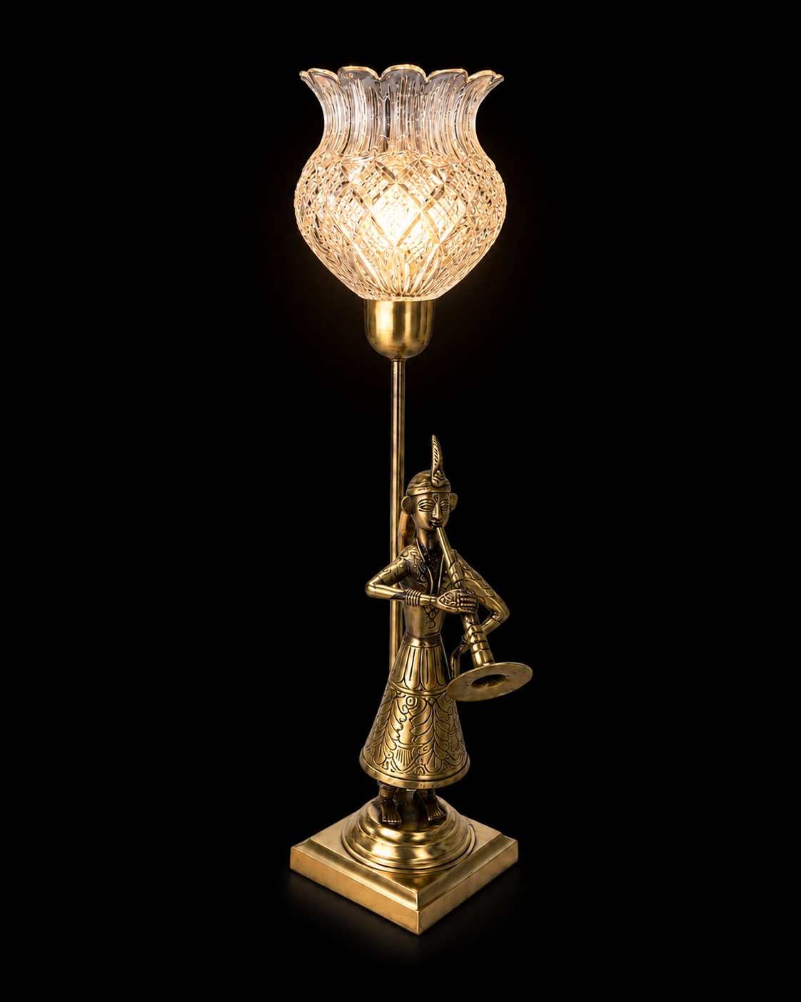 Shehnai Player Diamond-Cut Glass Antique-Brass Table Lamp