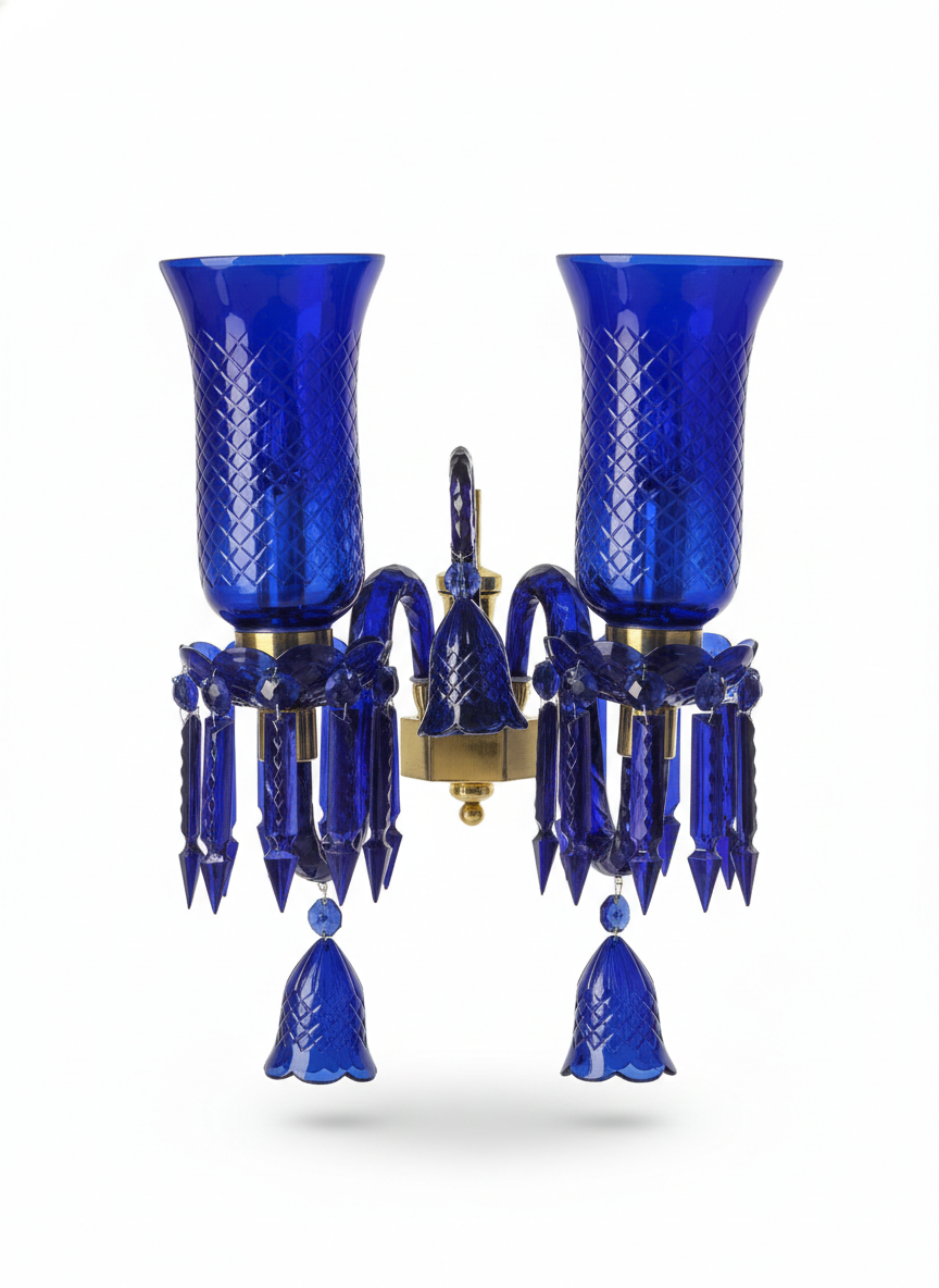 Meher Diamond-Cut Tulip Twin-Light Crystal Wall Sconce — Cobalt Blue · Wall Light · SGE-WL-065 · Samrat Glass Emporium — view 2