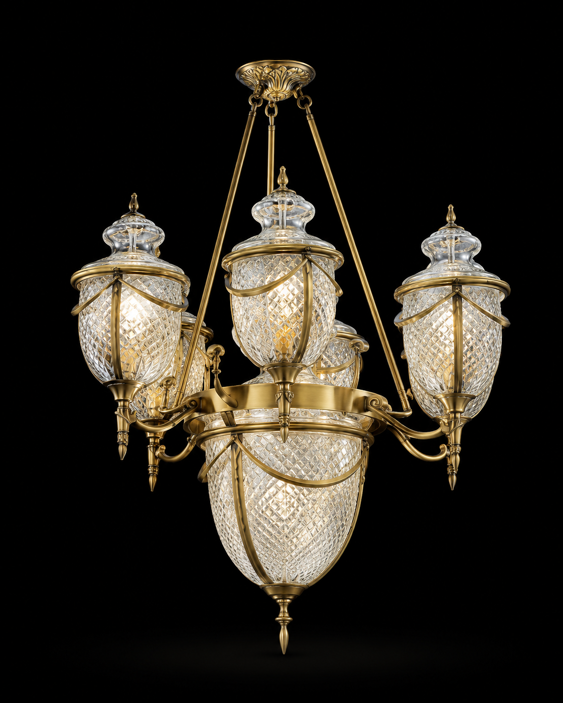 Rajsi Diamond-Lattice Glass Chandelier — Seven-Light Urn