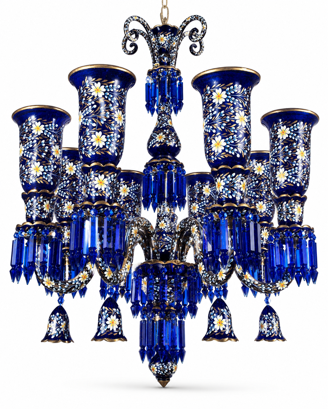 Gulnaqqashi Cobalt-Blue Hand-Painted Floral-Glass Eight-Light Chandelier · SGE-CH-118 · Samrat Glass Emporium — view 2