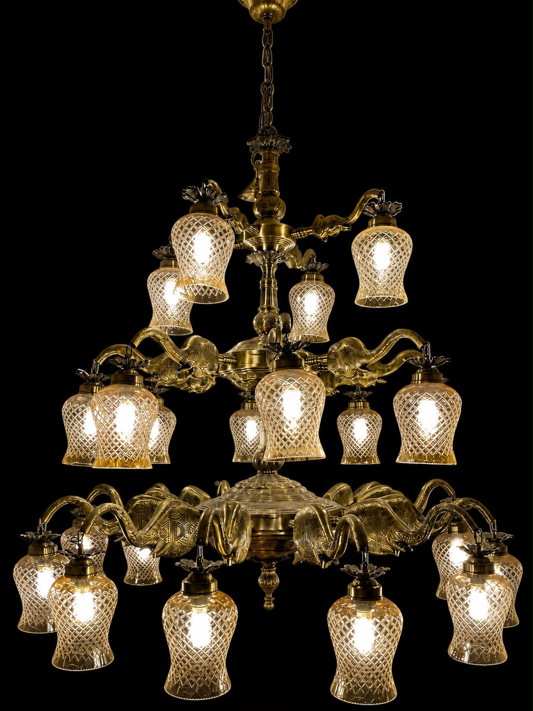 Gajmahal Elephant-Arm Diamond-Cut Glass Three-Tier Chandelier