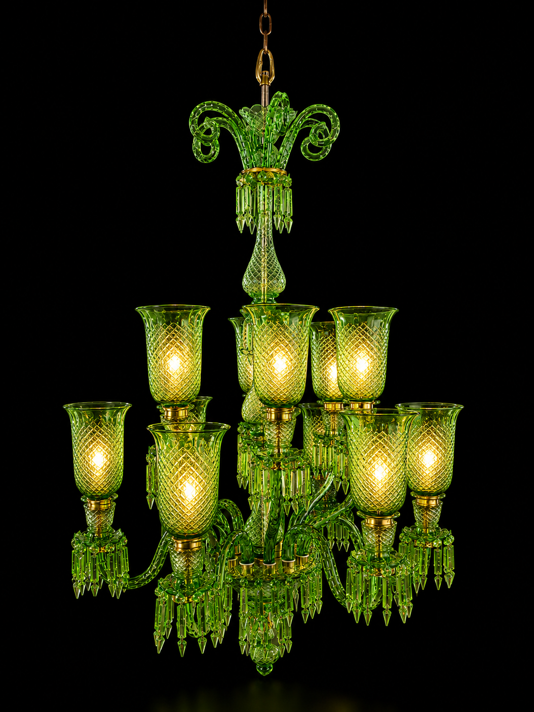 Meher Diamond-Cut Tulip Grand Chandelier — 12-Light Emerald Green, Two-Tier