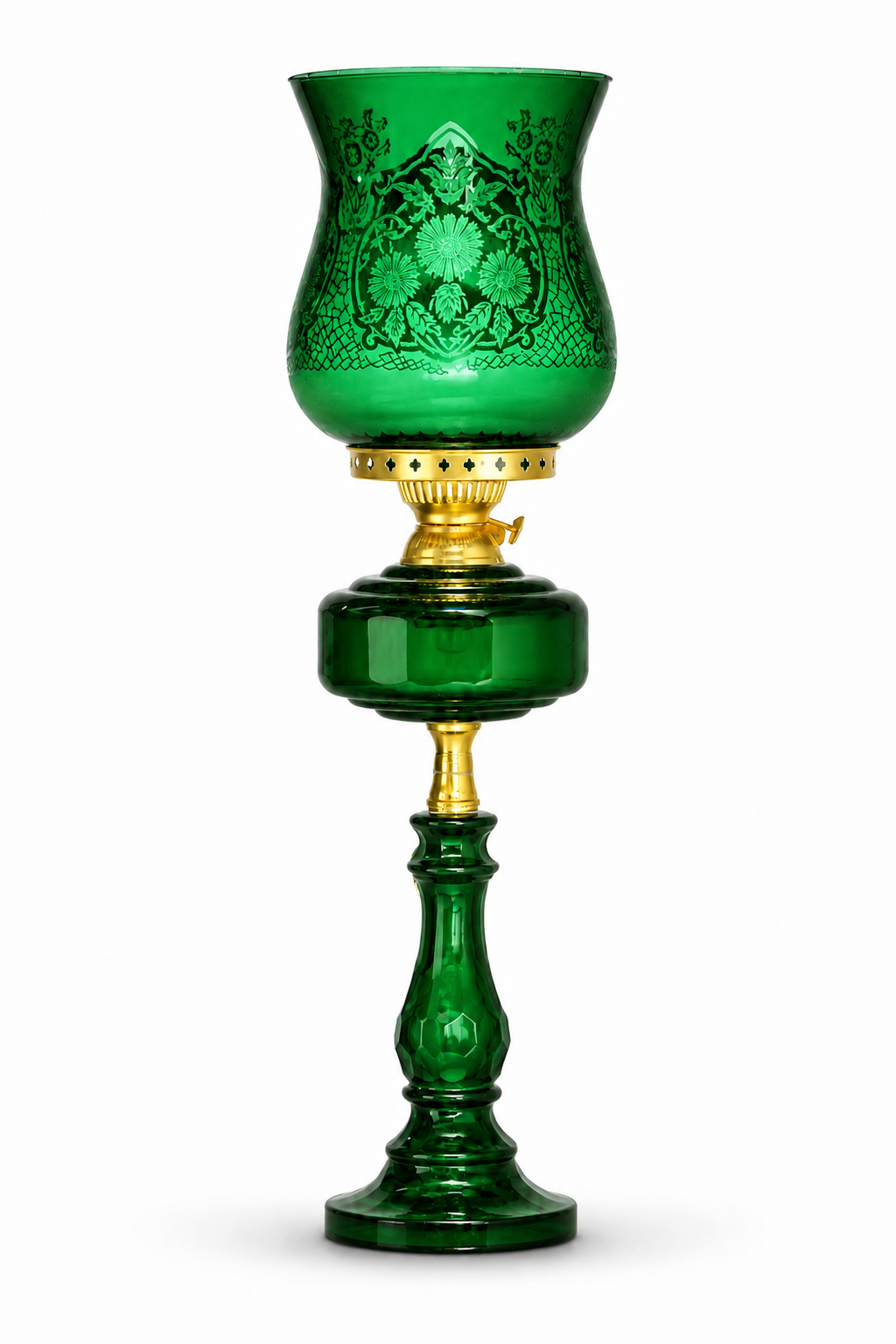 Gulbahar Etched Floral Hurricane Table Lamp — Emerald Green · SGE-TL-068 · Samrat Glass Emporium — view 2