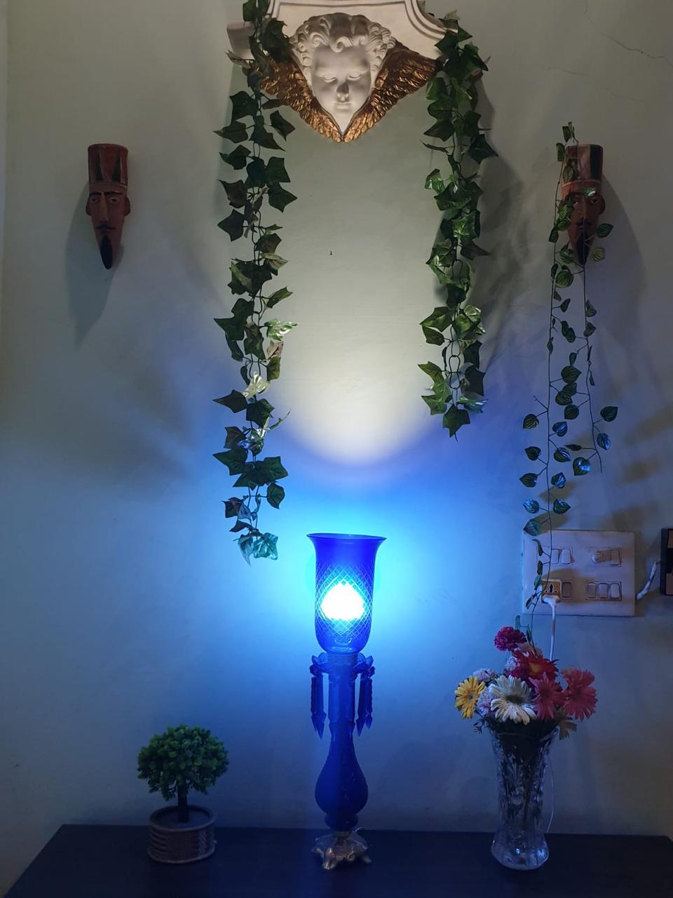 Cobalt Glass & Antique Brass Lighting — Roorkee Private Residence · Roorkee, Uttarakhand · Samrat Glass Emporium