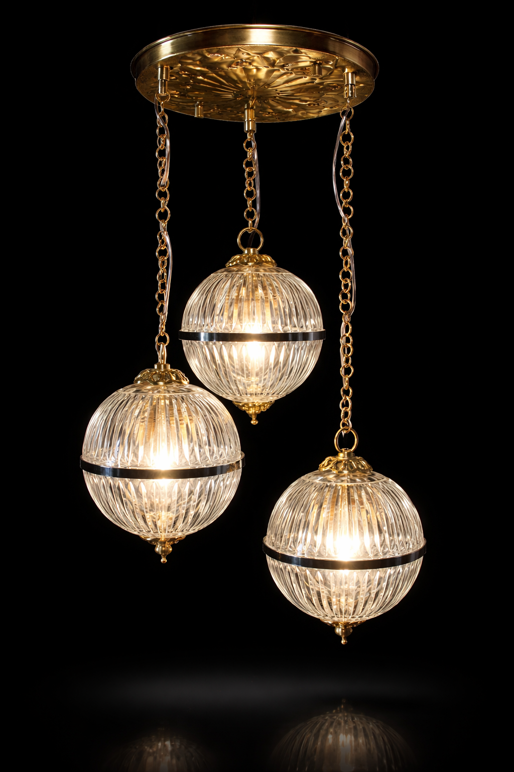 Golak Glass Globe Hanging Light — Vertical-Fluted Triple Cluster · SGE-HL-024 · Samrat Glass Emporium