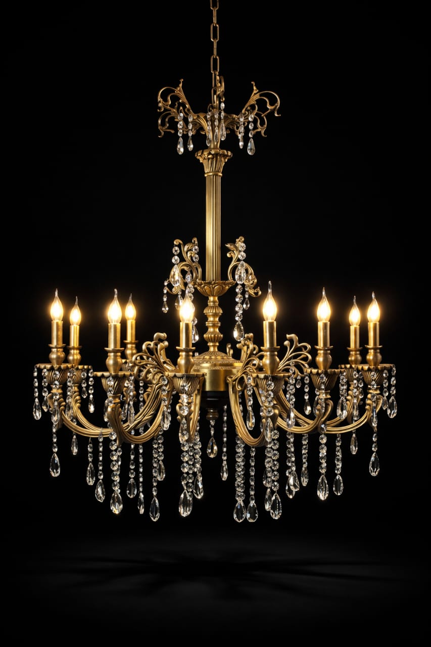 Mayurcrest Crystal-Draped Ten-Light Antique Gold Chandelier