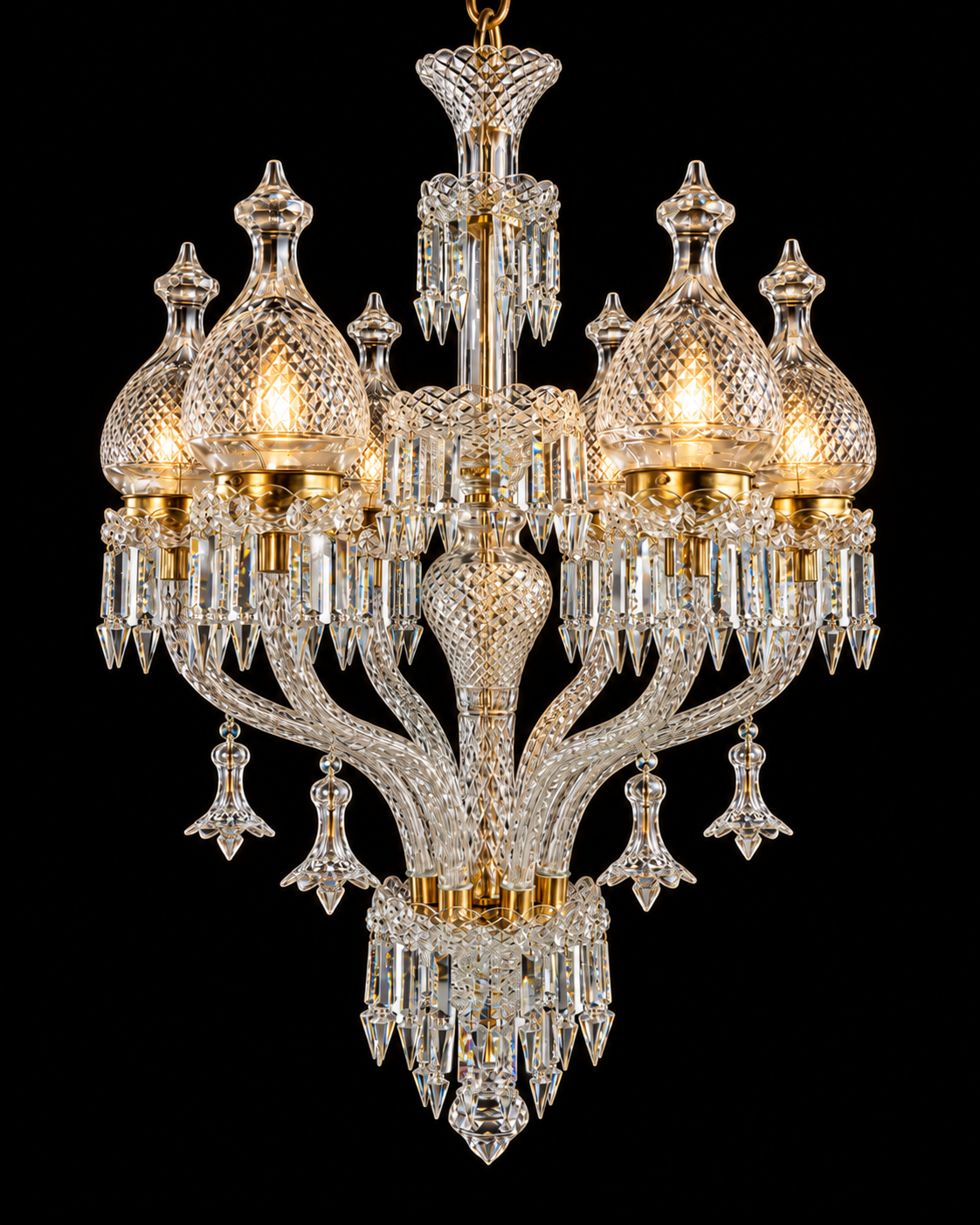Surahimahal Diamond-Lattice Teardrop-Shade Six-Light Crystal Chandelier · SGE-CH-114 · Samrat Glass Emporium