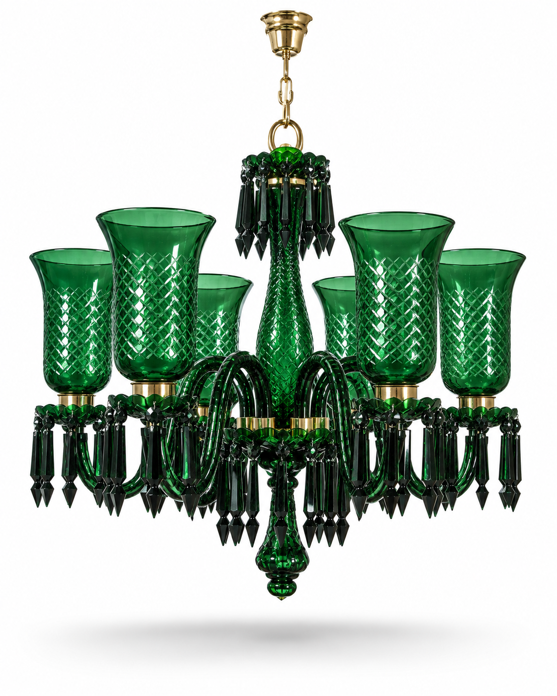 Gulnaar Diamond-Hurricane Six-Light Glass Chandelier — Emerald Green Chain-Suspended · SGE-CH-068 · Samrat Glass Emporium — view 2