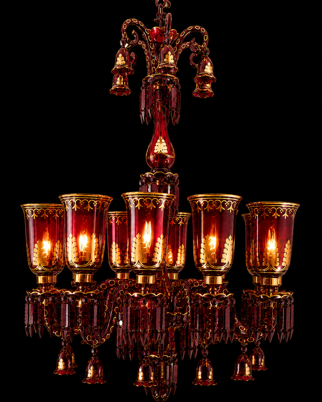 Bagh-e-Noor Gold-Decorated 12-Light Glass Chandelier — Ruby Red
