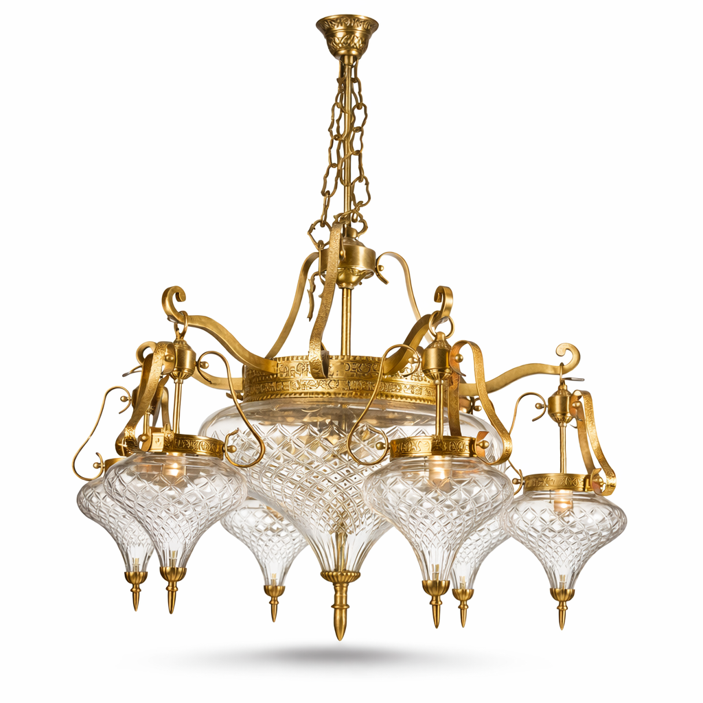 Shankh Diamond-Cut Glass Chandelier — Seven-Light Grand Scroll · SGE-CH-050 · Samrat Glass Emporium — view 2