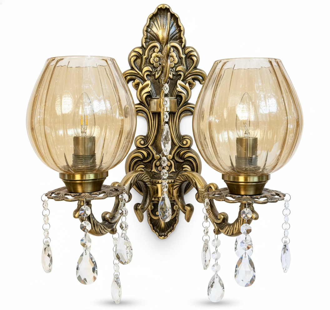 Rajprabha Amber Ribbed Glass Crystal-Drop Twin-Light Wall Sconce · Wall Light · SGE-WL-040 · Samrat Glass Emporium — view 2