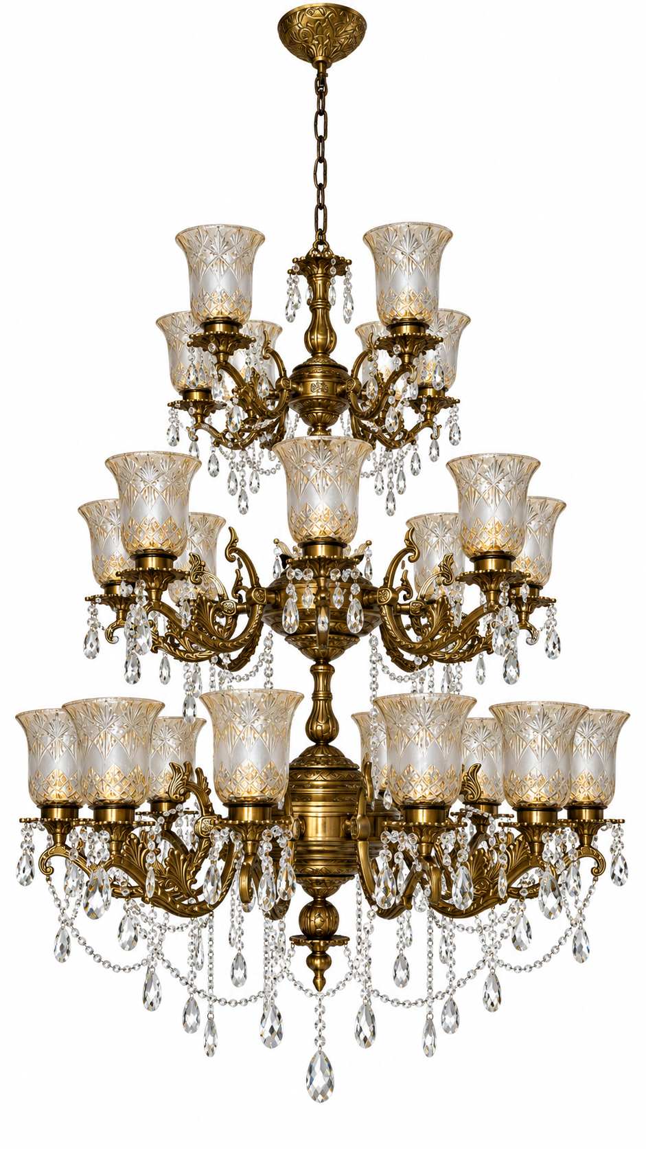 Ratnadeep Fan-Cut Diamond-Panel Hurricane Glass Chandelier — Grand Three-Tier Crystal Cascade · SGE-CH-147 · Samrat Glass Emporium — view 2