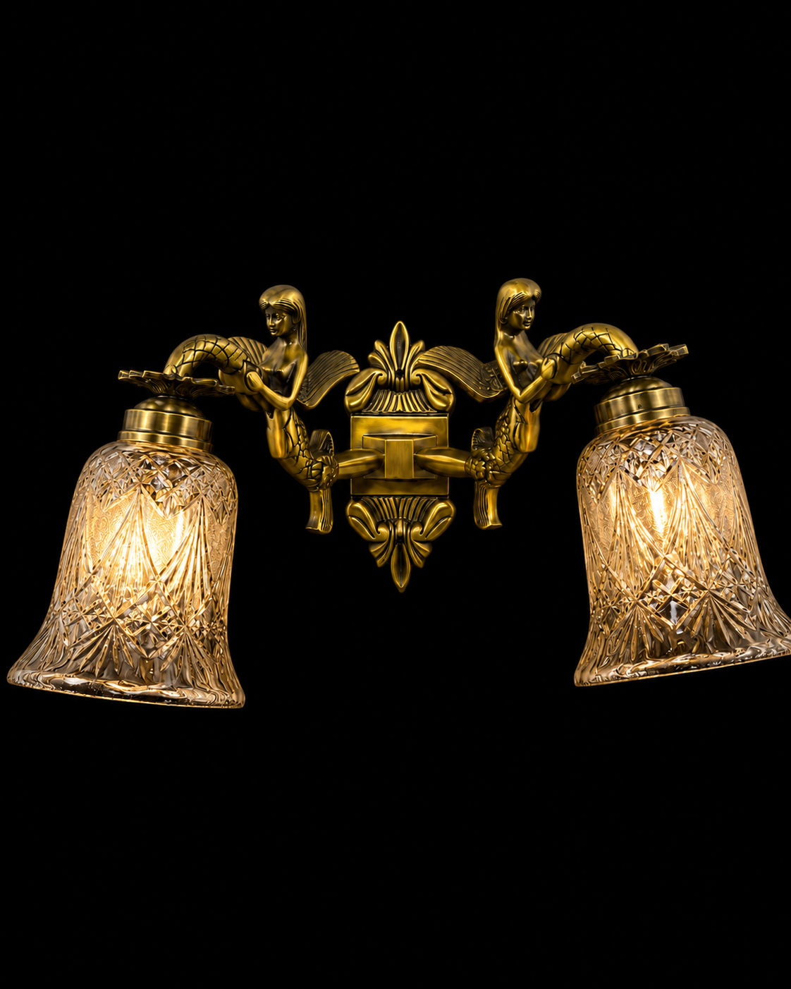 Matsyakanya Sculpted Mermaid-Arm Diamond-Cut Clear Glass Twin-Light Wall Sconce