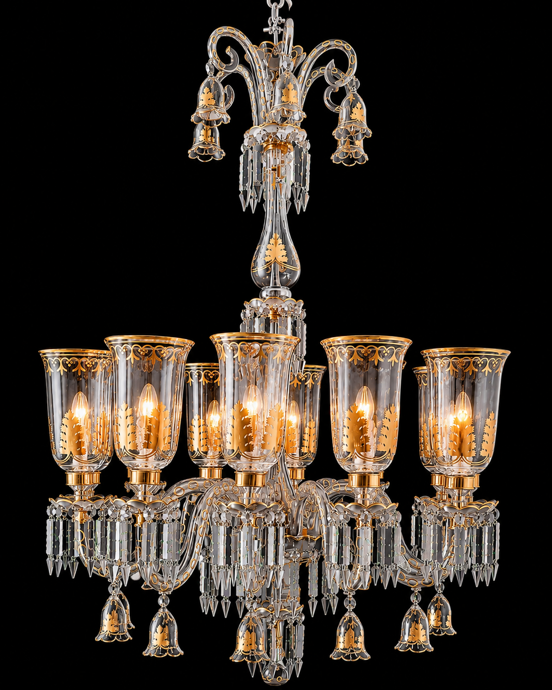 Bagh-e-Noor Gold-Decorated 12-Light Glass Chandelier — Clear