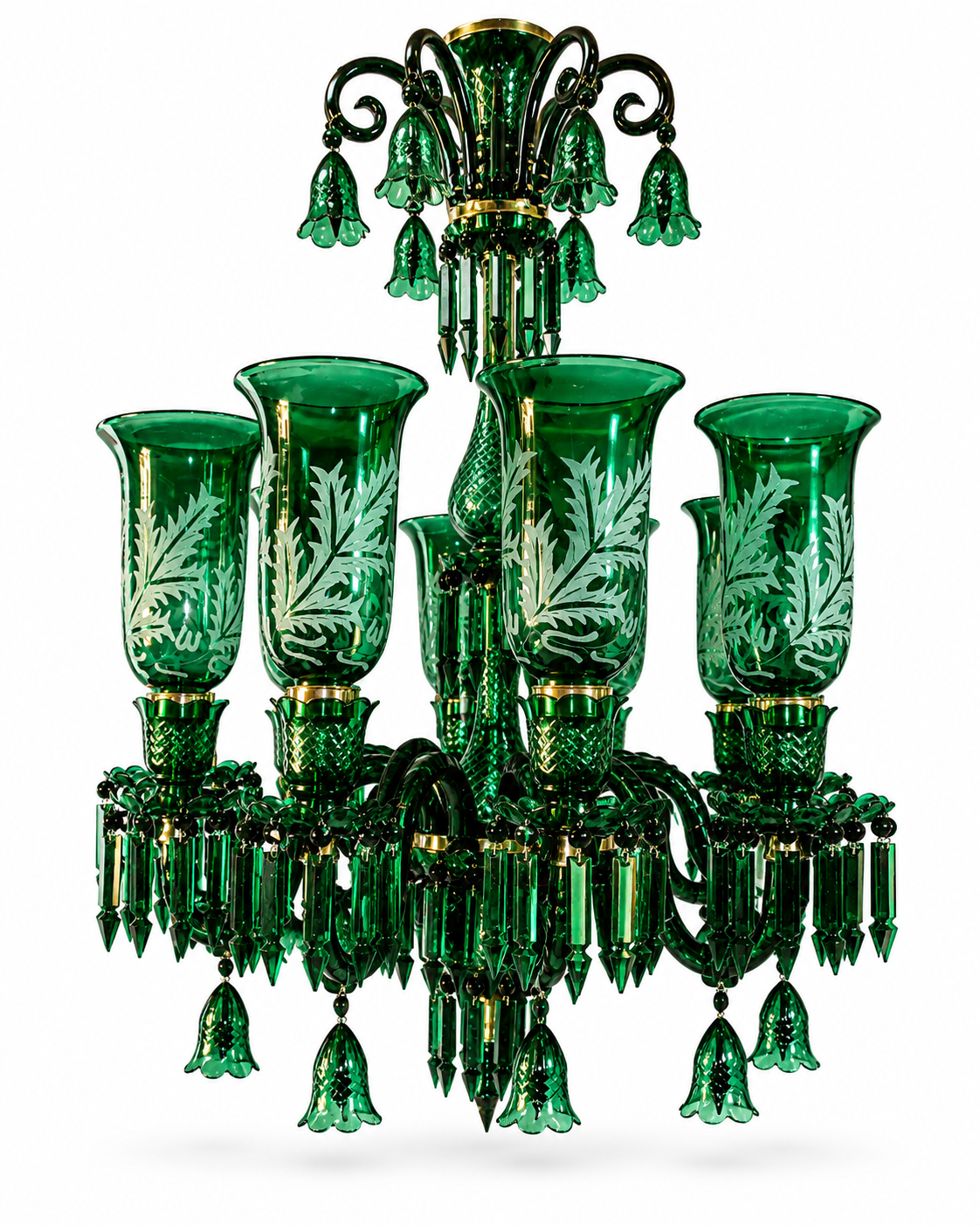 Afsana Etched Leaf Tulip Grand Chandelier — 8-Light Emerald Green · SGE-CH-125 · Samrat Glass Emporium — view 2