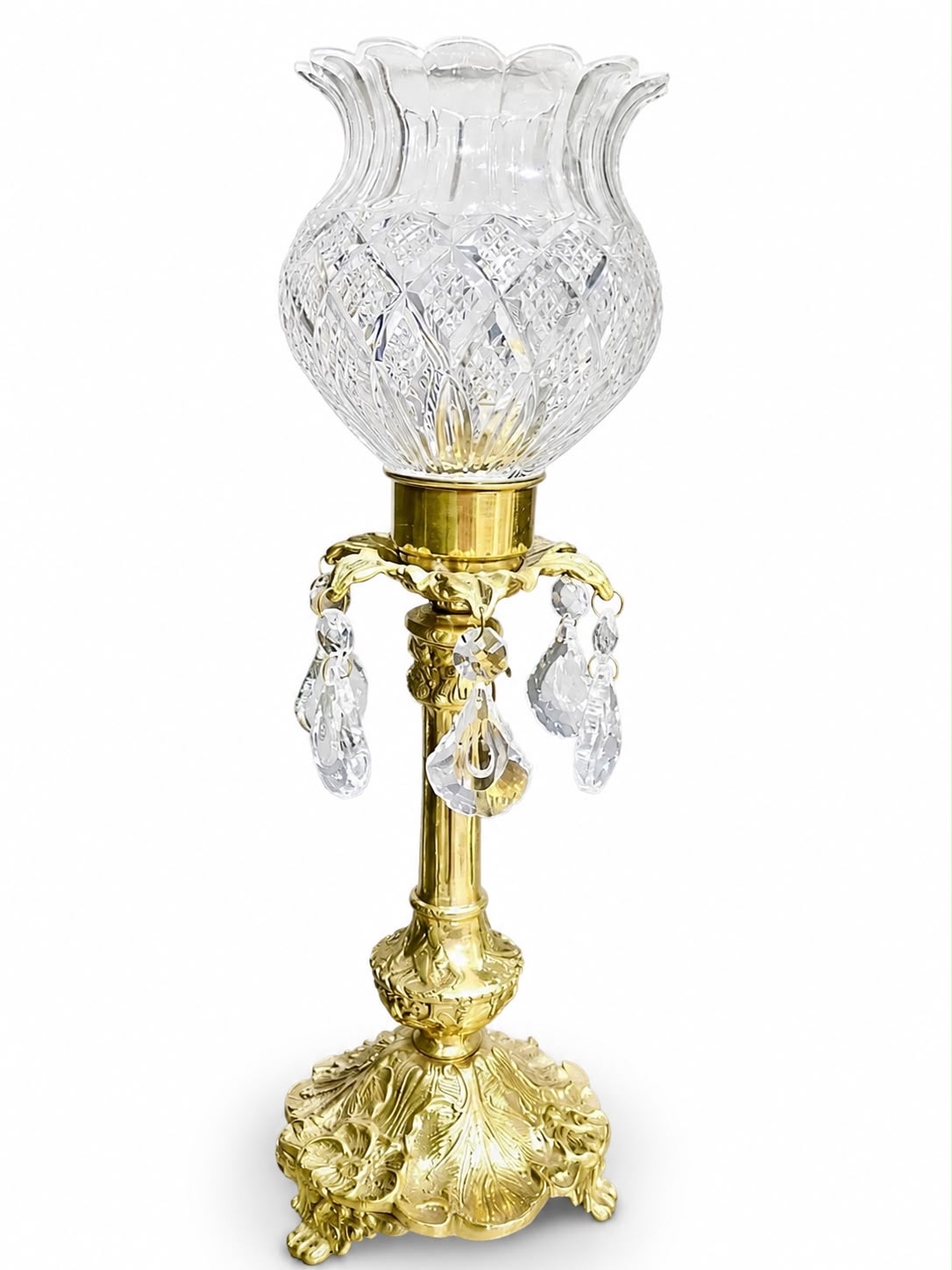 Rajmahal Crystal-Drop Pedestal Table Lamp — Scalloped Lotus Shade · SGE-TL-042 · Samrat Glass Emporium — view 2
