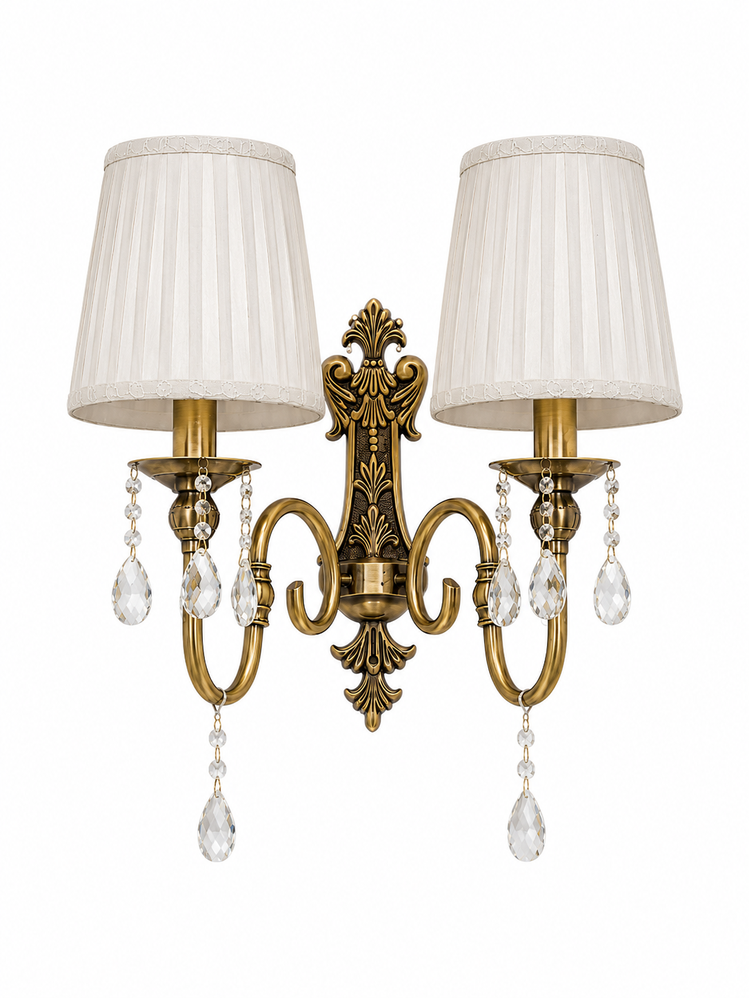 Chandrakiran Pleated-Shade Crystal-Drop Two-Light Antique-Brass Wall Lamp · Wall Light · SGE-WL-117 · Samrat Glass Emporium — view 2
