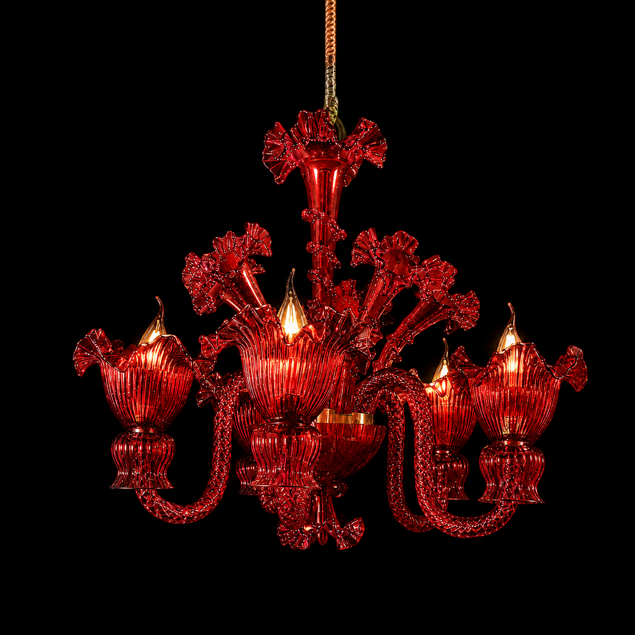 Gulzar Ruby-Red Floral-Glass Five-Light Chandelier