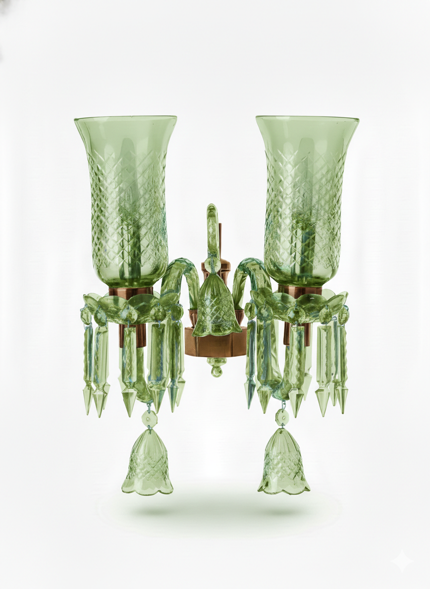 Meher Diamond-Cut Tulip Twin-Light Crystal Wall Sconce — Pistachio Green · Wall Light · SGE-WL-072 · Samrat Glass Emporium — view 2