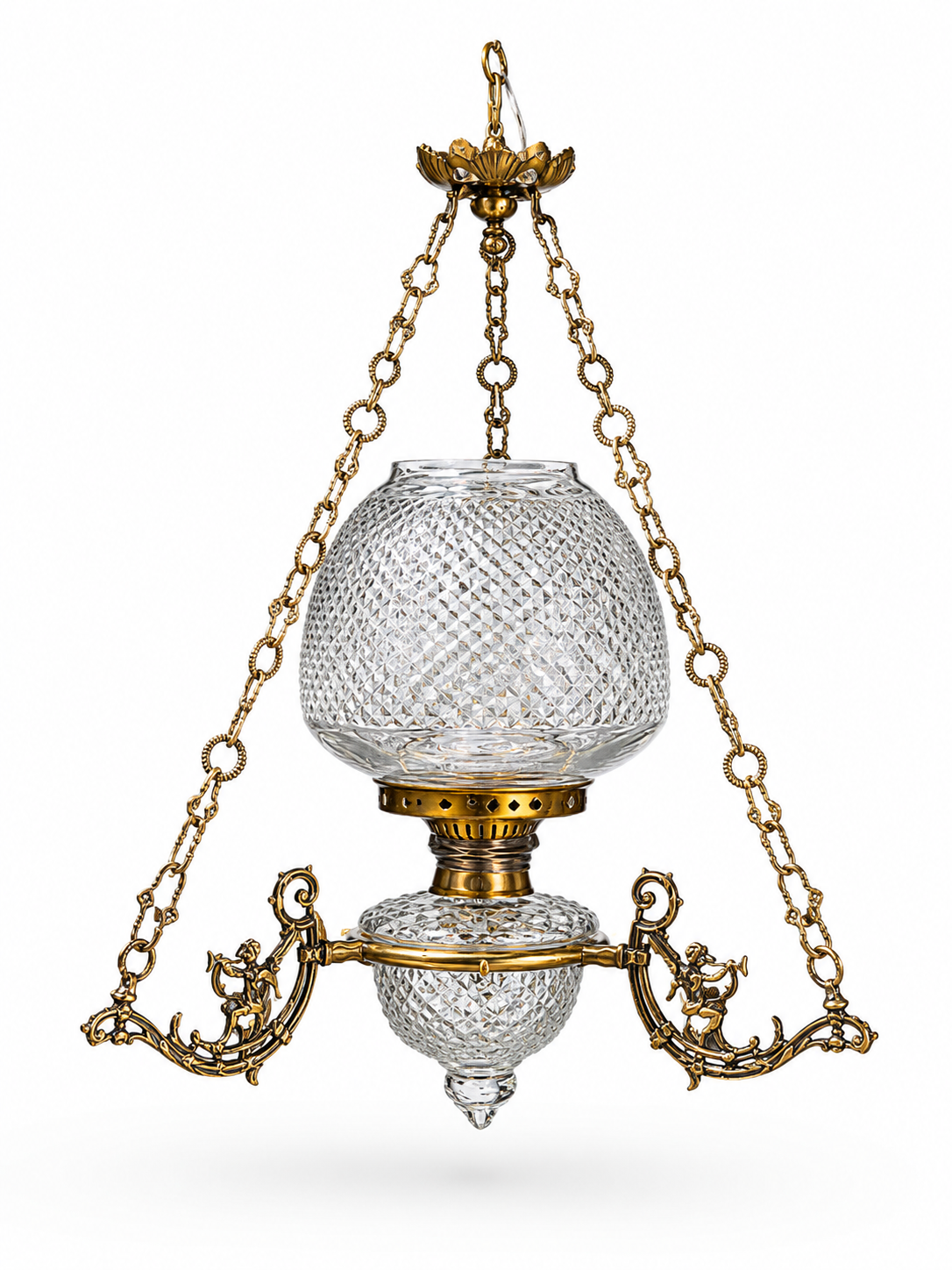Cherub Motif Diamond-Cut Glass Hanging Light — Triple-Chain Twin Scroll · SGE-HL-071 · Samrat Glass Emporium — view 2
