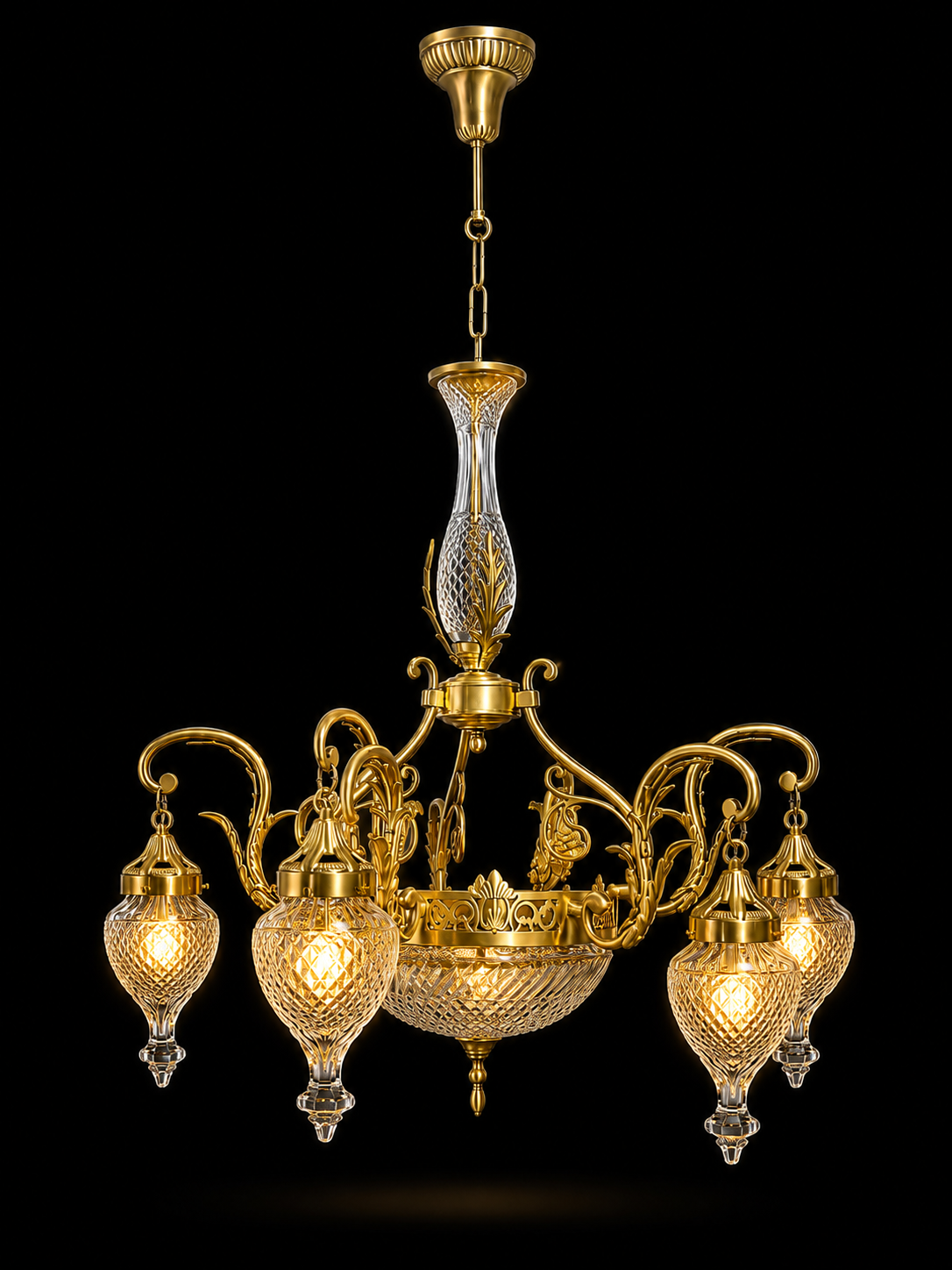 Suvarnlatā Diamond-Cut Glass Chandelier — Six Urn Drops & Central Bowl