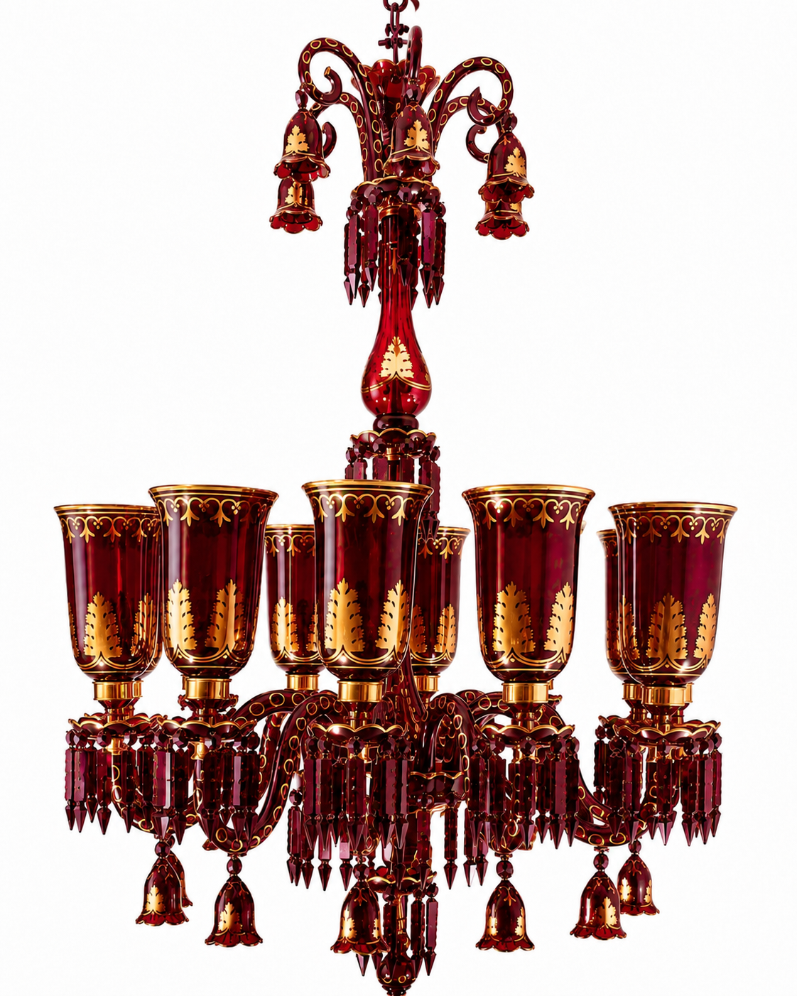 Bagh-e-Noor Gold-Decorated 12-Light Glass Chandelier — Ruby Red · SGE-CH-093 · Samrat Glass Emporium — view 2