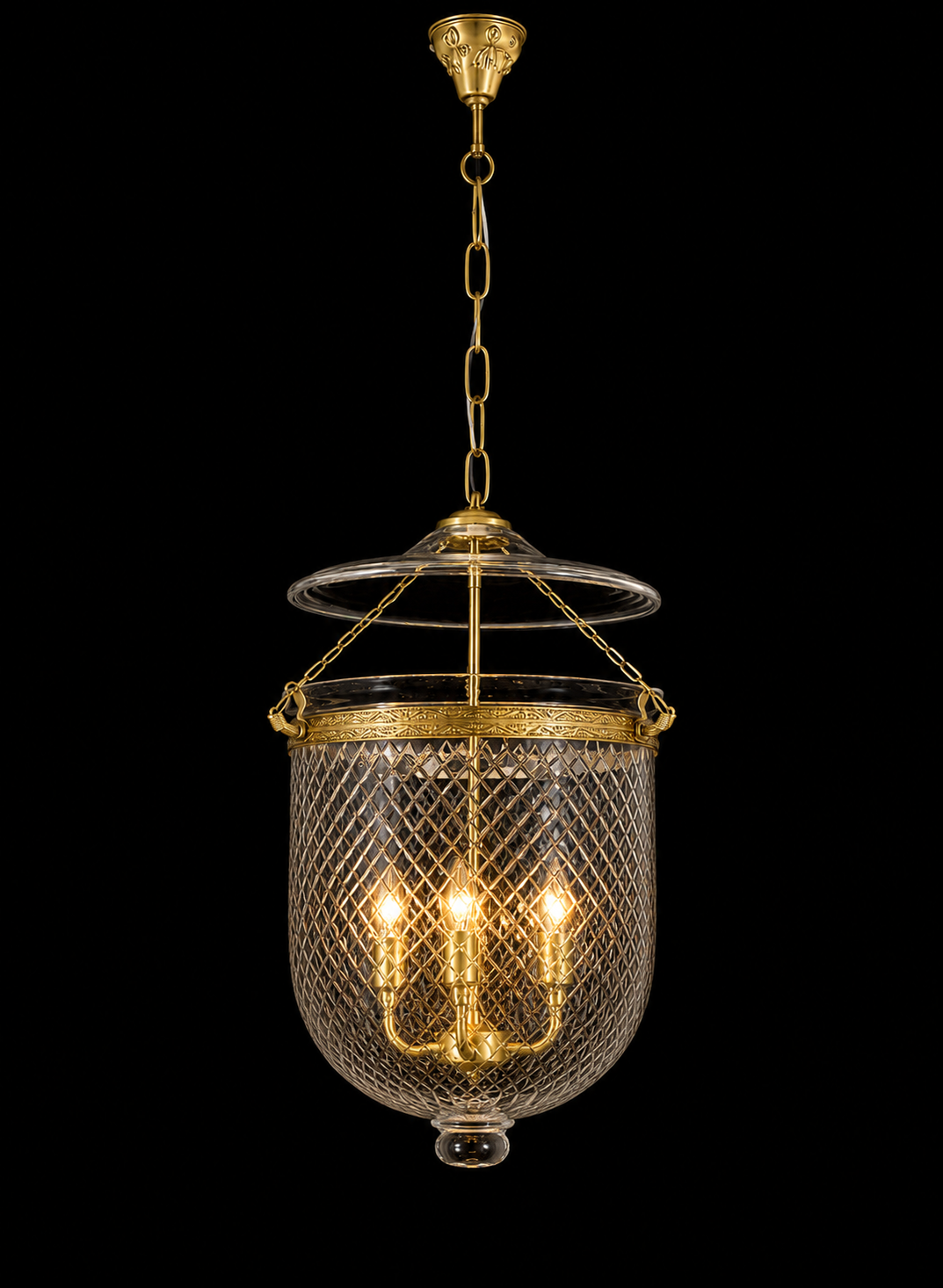 Kandil Bell-Jar Glass Hanging Light — Diamond-Lattice Three-Light