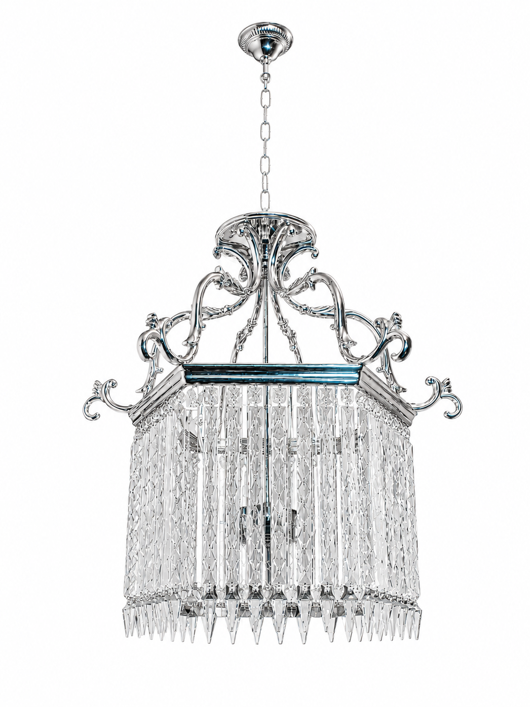 Mehrab Square Scrollwork Crystal Hanging Lantern — Silver-Teal — Large · Hanging Light · SGE-HL-073 · Samrat Glass Emporium — view 2