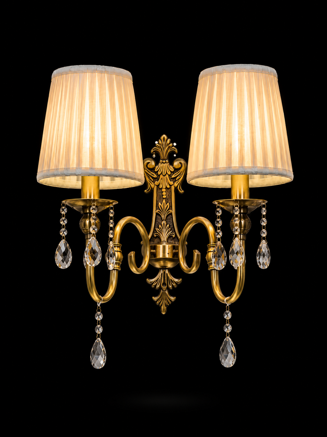 Chandrakiran Pleated-Shade Crystal-Drop Two-Light Antique-Brass Wall Lamp · Wall Light · SGE-WL-117 · Samrat Glass Emporium