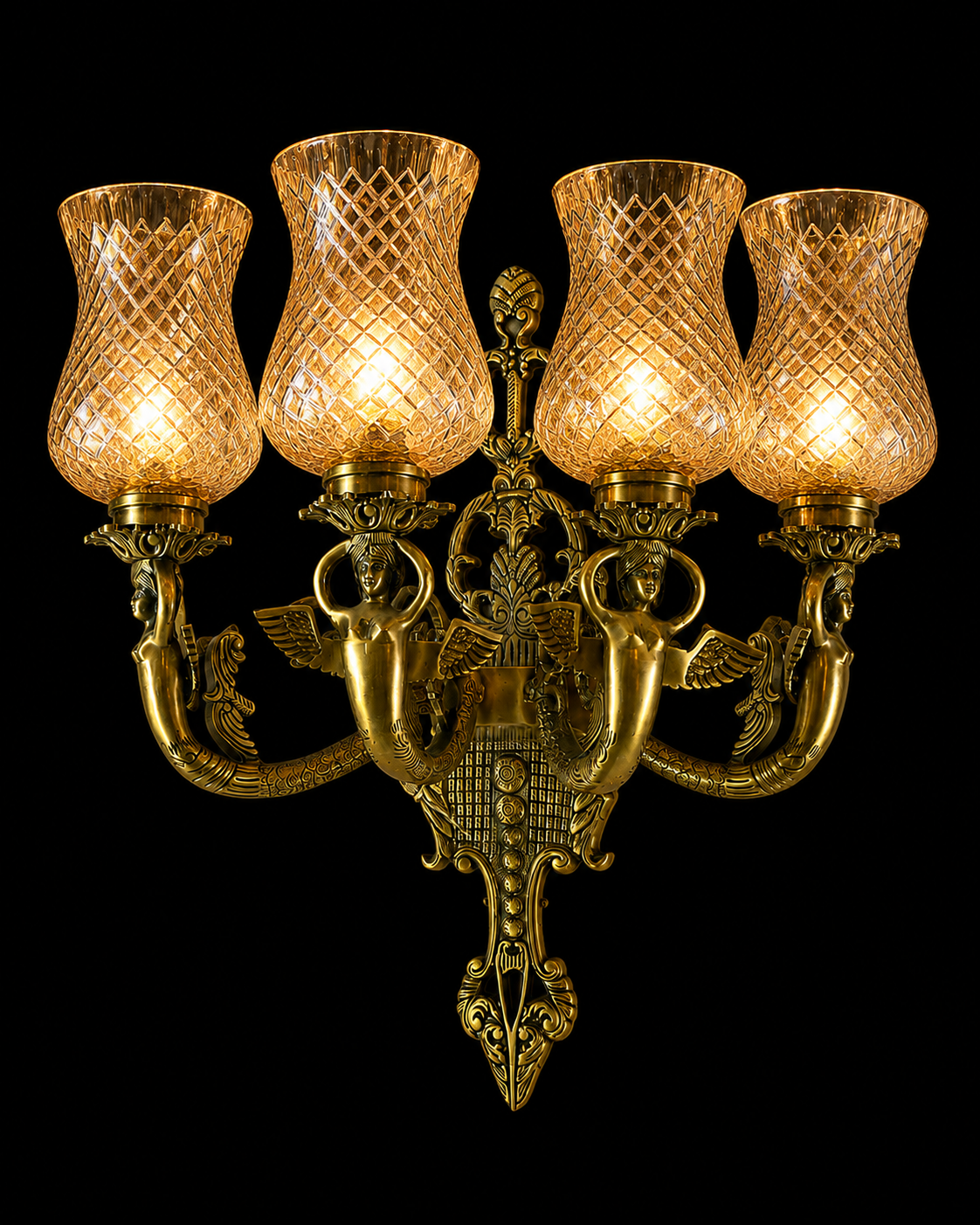 Devangana Sculpted Maiden-Arm Diamond-Lattice Glass Four-Light Wall Sconce