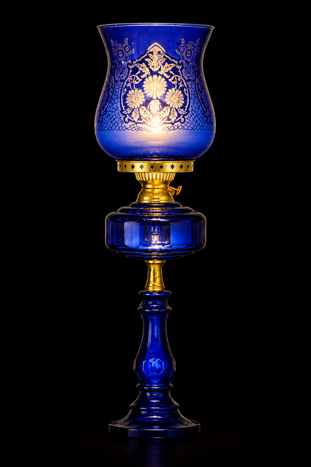 Gulbahar Etched Floral Hurricane Table Lamp — Cobalt Blue
