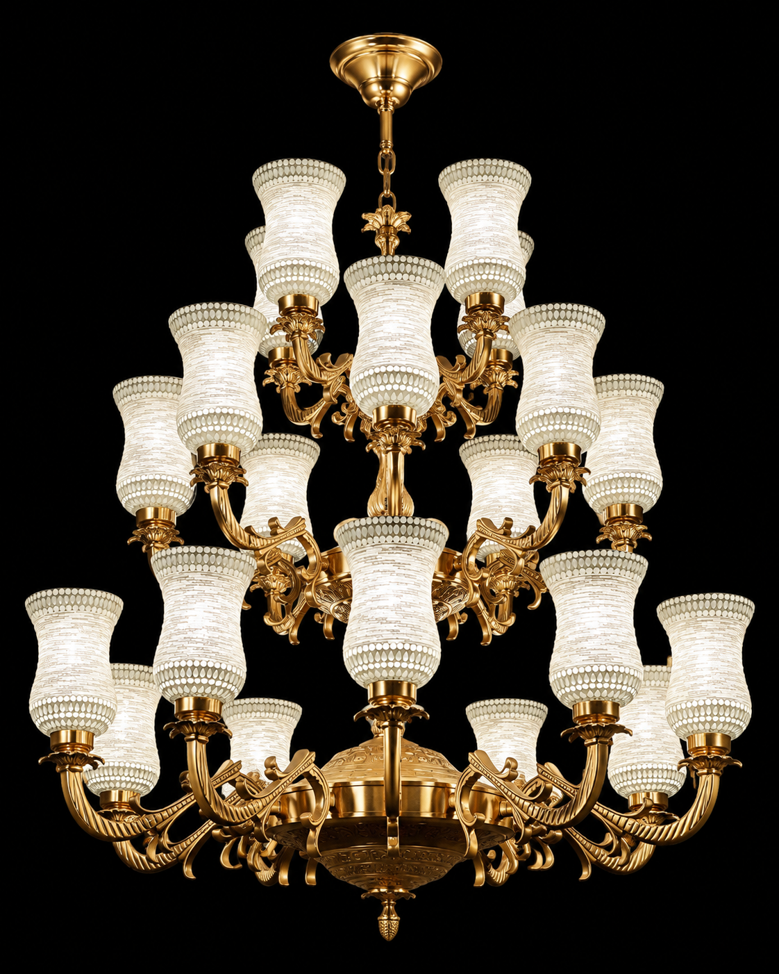 Rajdarbar White Crackle-Glass 24-Light Brass Chandelier