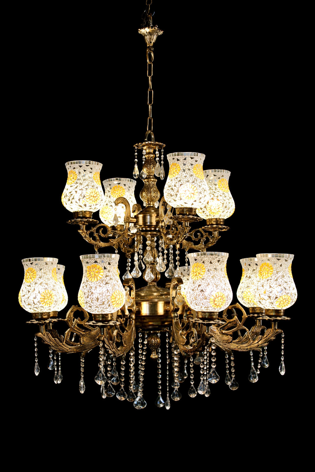Mayurvatika Ivory Floral-Mosaic Two-Tier Twelve-Light Chandelier