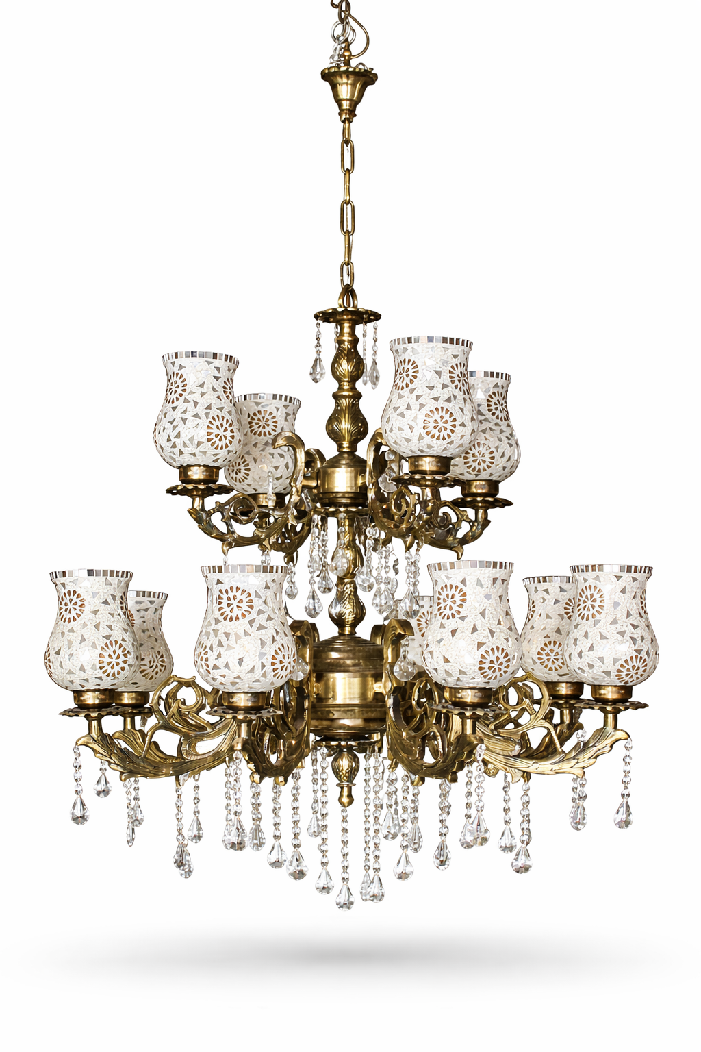 Mayurvatika Ivory Floral-Mosaic Two-Tier Twelve-Light Chandelier · SGE-CH-104 · Samrat Glass Emporium — view 2