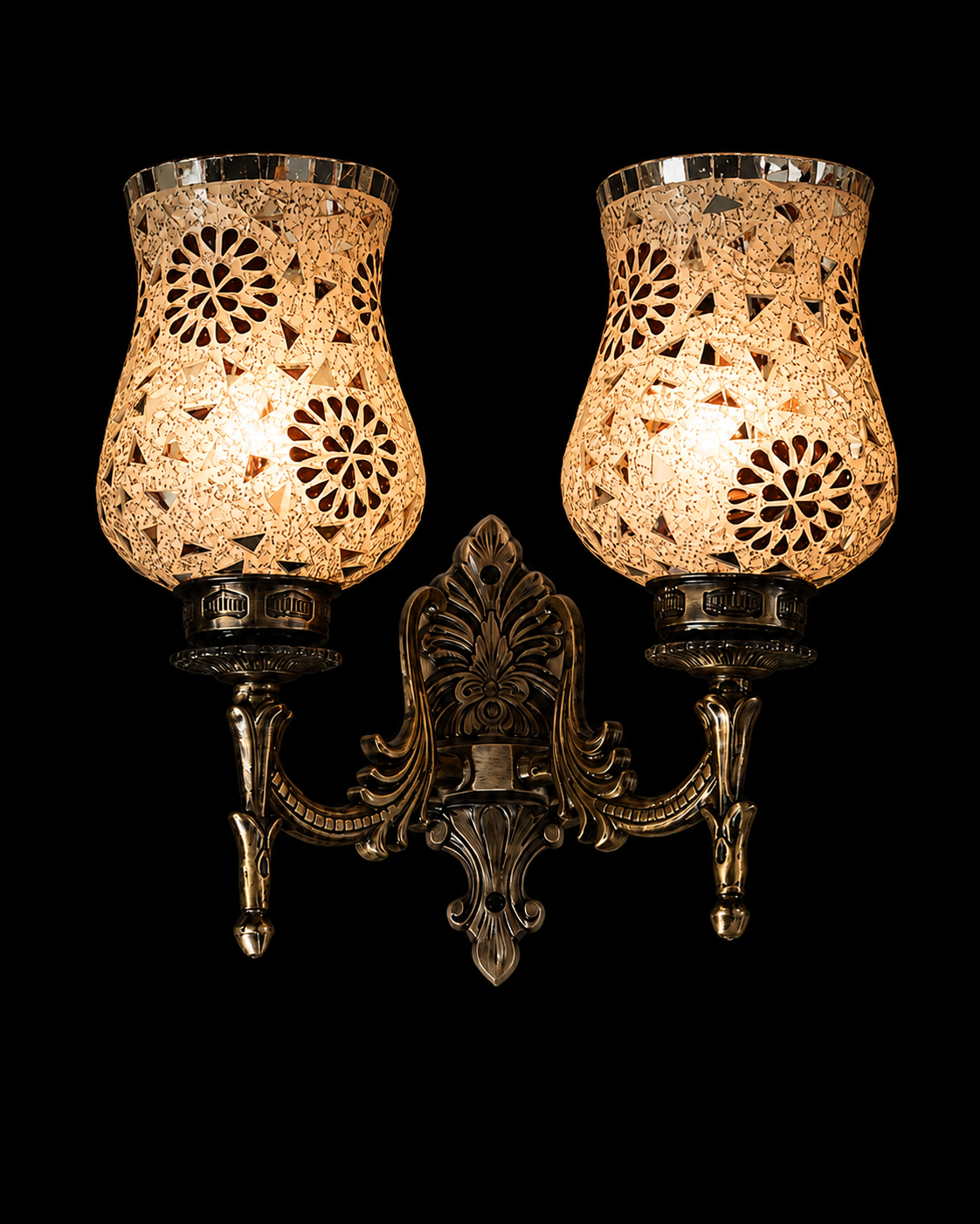 Shilpmahal Ornate Twin-Arm Two-Light Antique-Brass Wall Sconce — Ivory Floral-Mosaic Glass