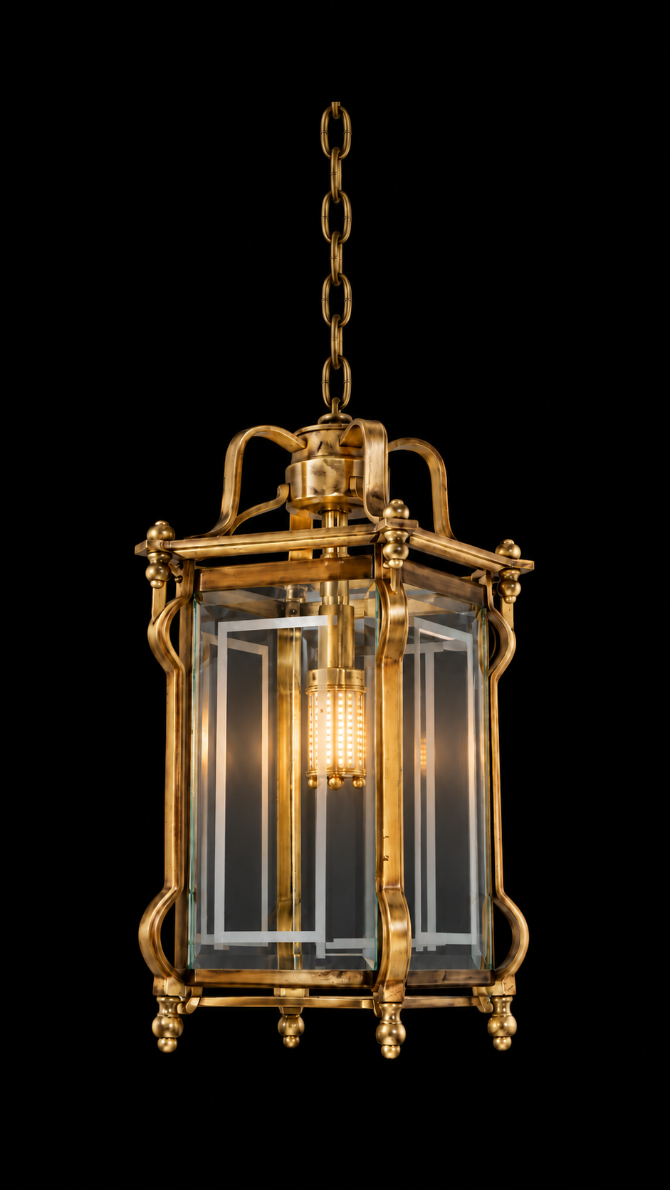 Scallop Crown Etched Glass Lantern — Antique-Brass Single-Light · Hanging Light · SGE-HL-126 · Samrat Glass Emporium