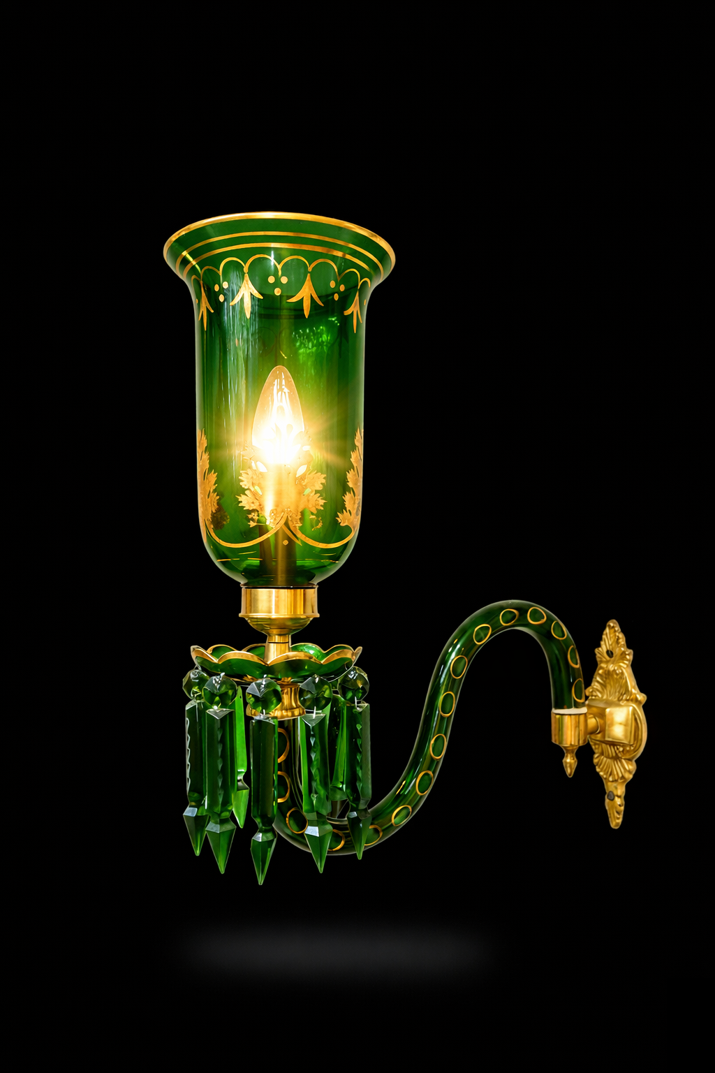 Bagh-e-Noor Gold-Decorated Single-Light Glass Wall Sconce — Emerald Green