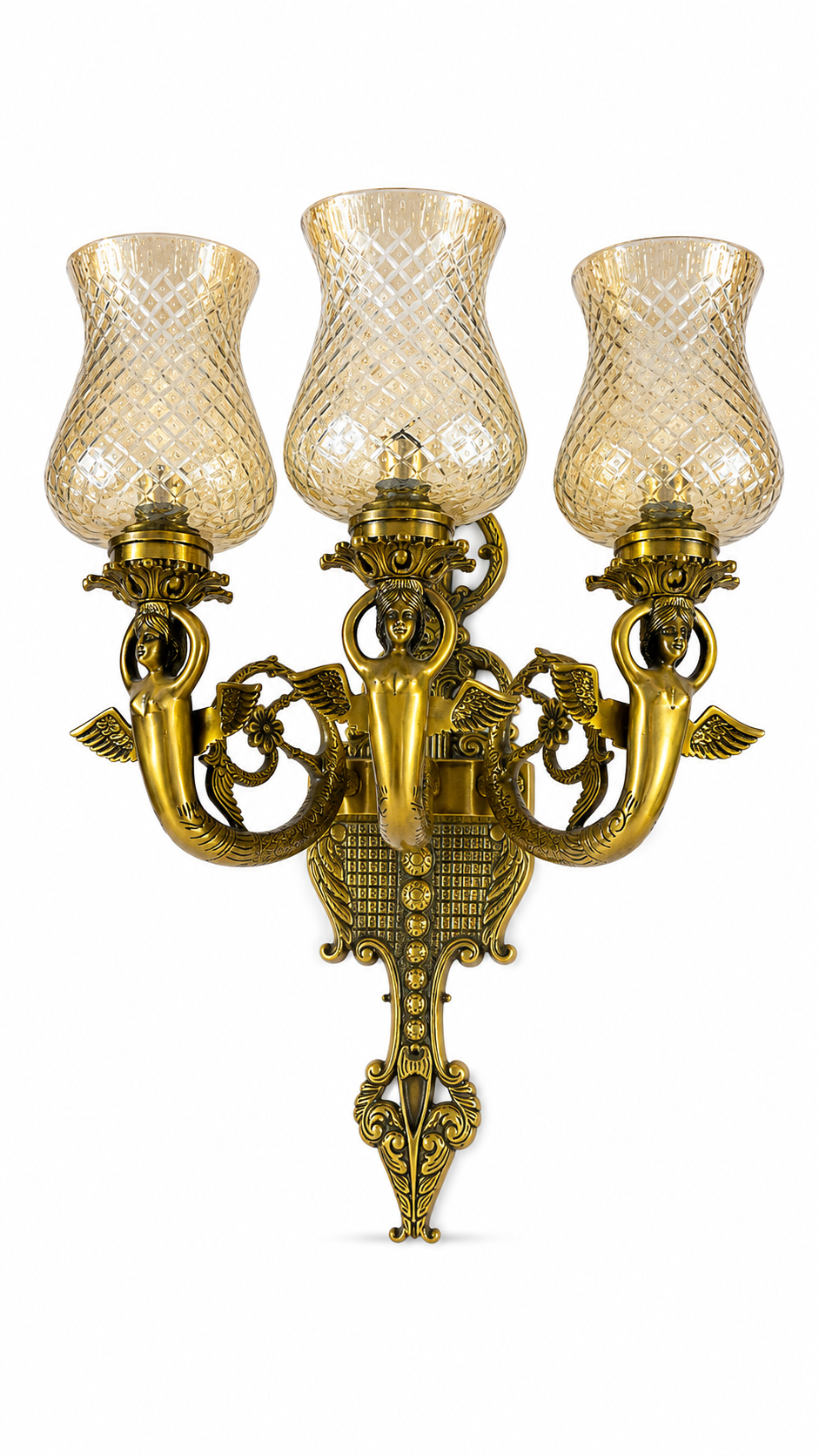 Devangana Sculpted Maiden-Arm Diamond-Lattice Glass Three-Light Wall Sconce · Wall Light · SGE-WL-128 · Samrat Glass Emporium — view 2