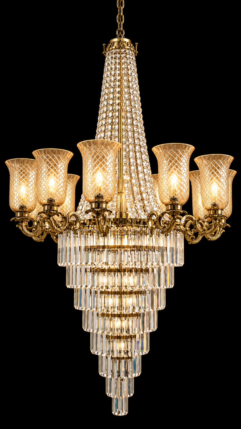 Samrajya Diamond-Lattice Glass Twelve-Light Crystal-Prism Cascade Chandelier · SGE-CH-149 · Samrat Glass Emporium