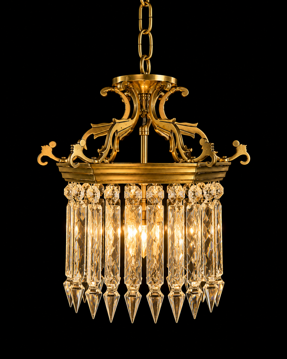 Mehrab Square Scrollwork Crystal Hanging Lantern — Antique-Gold — Small · Hanging Light · SGE-HL-074 · Samrat Glass Emporium