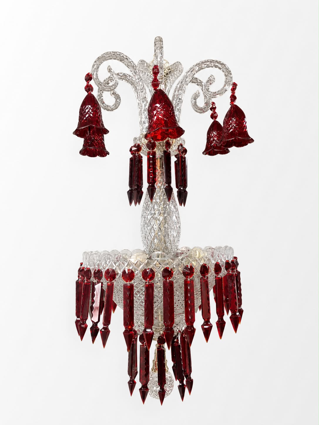 Raktpushp Clear & Ruby-Red Crystal Hanging Light — Bell & Prism Fringe · SGE-HL-088 · Samrat Glass Emporium — view 2