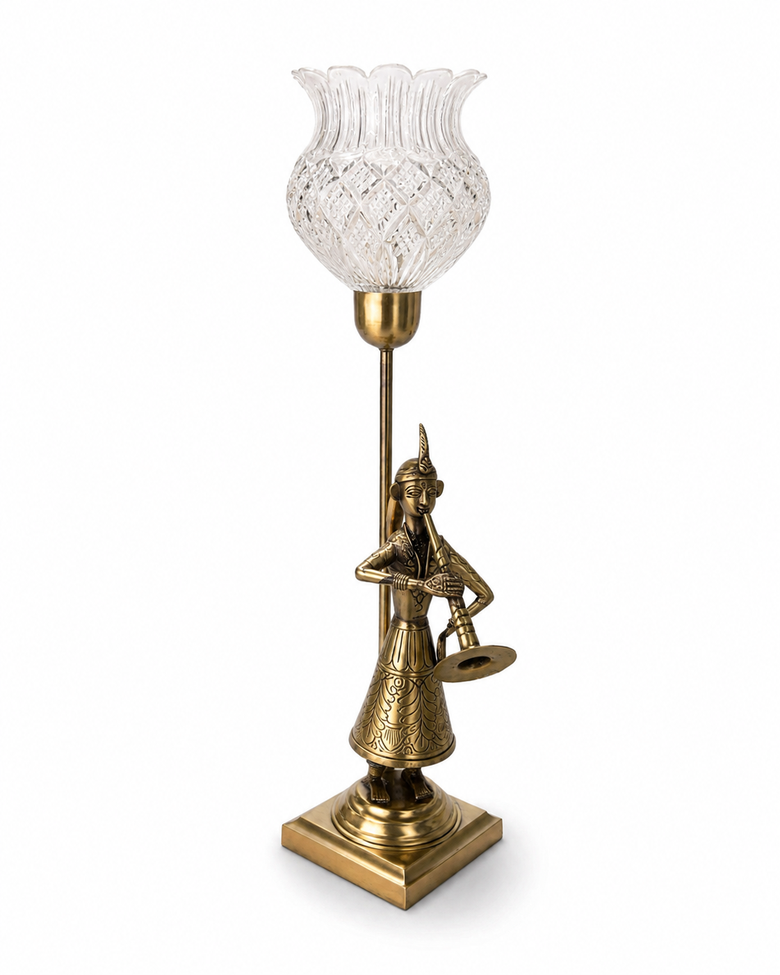 Shehnai Player Diamond-Cut Glass Antique-Brass Table Lamp · SGE-TL-081 · Samrat Glass Emporium — view 2