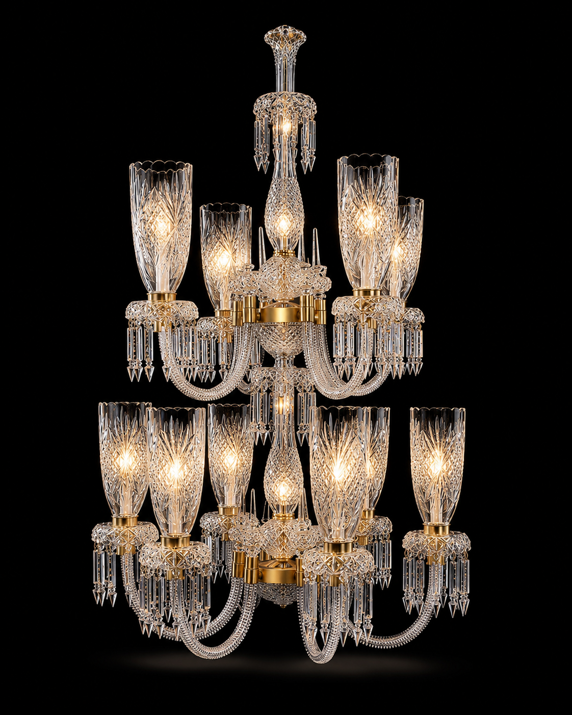 Noorvastra Darbar Etched-Tulip Twelve-Light Two-Tier Crystal Chandelier